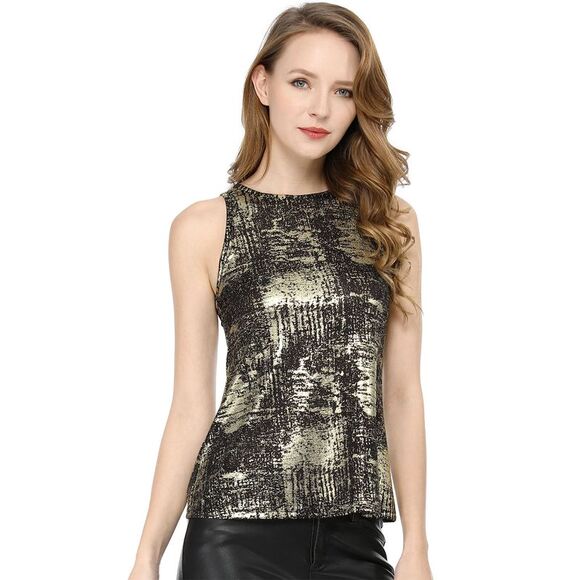 Women's Party Sleeveless Camisole Club Shimmer Metallic Tank Top Black - Picture 3 of 6